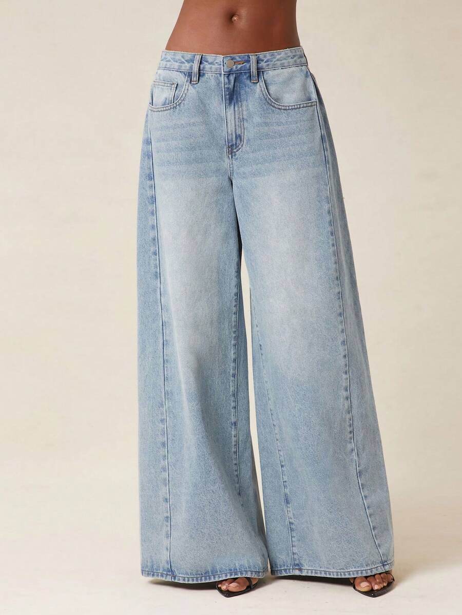 NYA SZN Quần jeans denim cạp trung dáng rộng, màu sáng, phong cách đường phố, thích hợp mặc hàng ngày, đi ăn trưa, mùa thu, dự lễ hội, lễ hội hóa trang dành cho nữ. - Rửa nhẹ - Xem 1