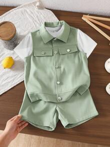 SHEIN Set 3 buc ținută pentru băiat tânăr - tricou cu mânecă scurtă cu umăr alb, vestă verde utilitare, aspect elegant și practic