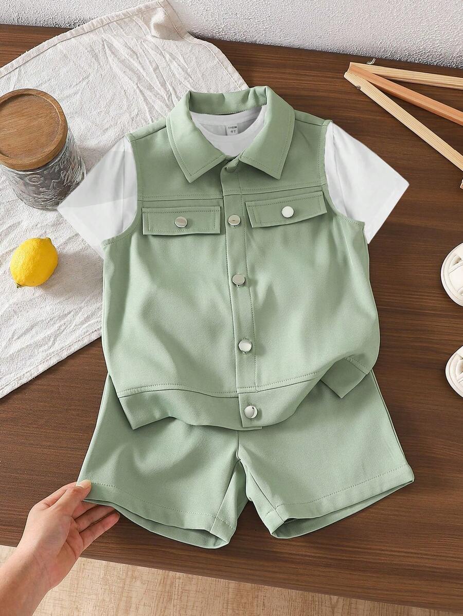 SHEIN Set 3 buc ținută pentru băiat tânăr - tricou cu mânecă scurtă cu umăr alb, vestă verde utilitare, aspect elegant și practic