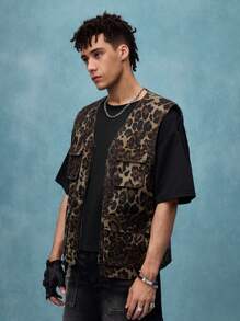 ROMWE MEN Street Life Leopard Print Zip Front Denim Waistcoat For Men - Bronze - View 5