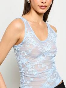 AiiRZ Delicate Floral Lace Tank Top Sleeveless Summer Cami See Through Party Evening Mesh Layering Camisole