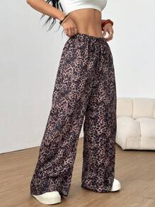 SHEIN EZwear Women's Leopard Print Drawstring Waist Wide Leg Loose Long Pants,Cargo Pants - Multicolor - View 6