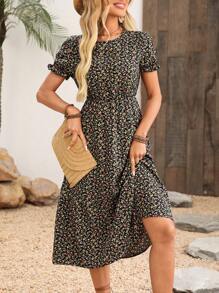 SHEIN LUNE Women's Fashionable Waist-Fitted Printed Short Sleeve Long Dress Maxi Women Outfit - Black - View 6