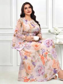 Veilorie Plus Size Elegant Floral Print Flare Sleeve Dress - Apricot - View 7