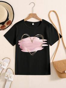 Sparklyn 少女爱心印花圆领短袖休闲T恤，夏季 - 黑色 - 查看 3