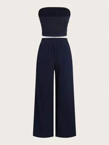SHEIN EZwear Bộ 2 món đồ thường ngày màu xanh navy dành cho nữ - Màu xanh hải quân - Xem 2