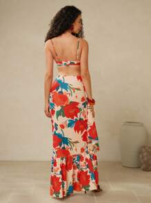 Swim Oasis 3pcs/Set New Spring/Summer Multi-Color Floral Random Print Off-Shoulder Backless Elegant Bohemian Vacation Casual Beach Party Bikini Set, Ruffle Hem Maxi Skirt & Beach Cover Up Dress Swimsuit - Multicolor - View 3
