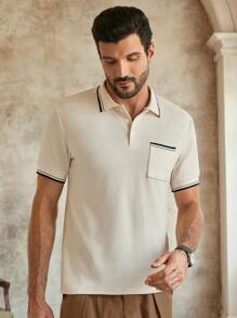 Manfinity VCAY 男士休闲针织条纹平领短袖Polo衫 - 杏色 - 查看 5