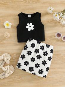 2pcs/Set Young Girl Knit Solid Crew Neck Floral Pattern Top And Knit Plaid Mini Skirt Set, Summer Outfit