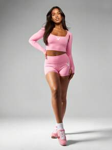 Missguided x Playboy Sleek Performance Athletic Crop Top Shorts Set Long Sleeve Workout Exercise Training Running Yoga Fitness Activewear Collection High Rise Matching Gym - Pink - View 5