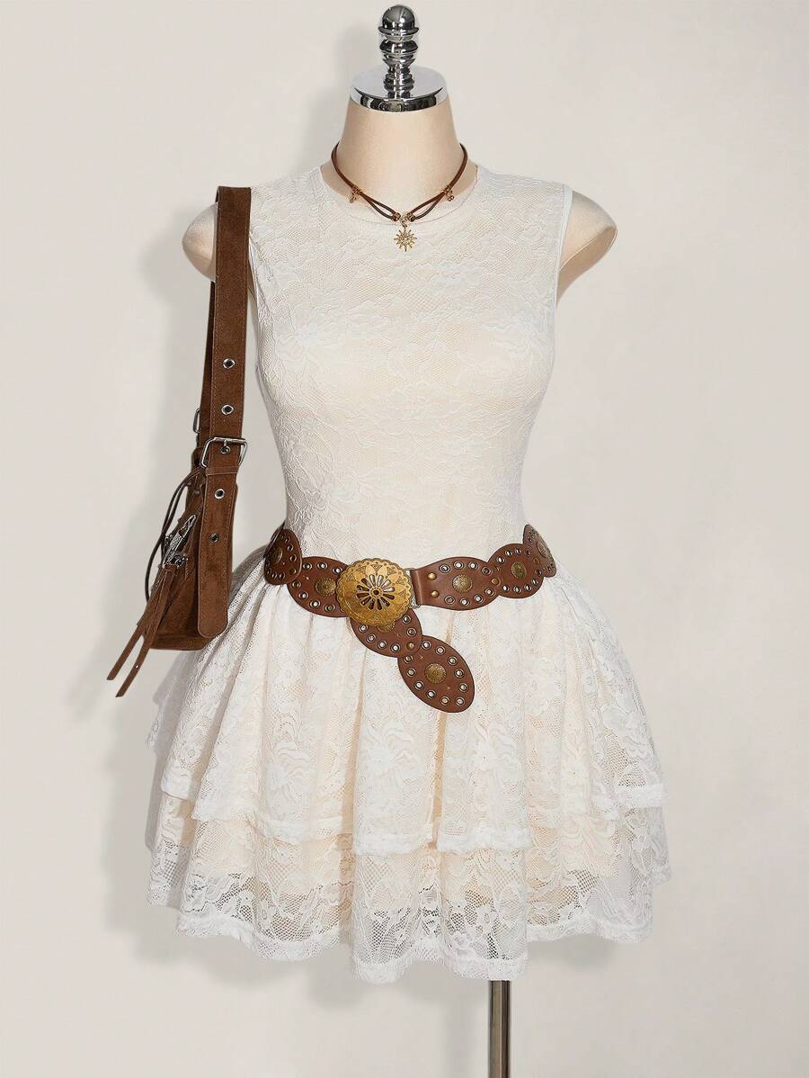 SHEIN ICON 加大码无袖圆领修身分层蕾丝蛋糕裙，波西米亚风，波西米亚时尚，Y2K风格 - 白色 - 查看 1