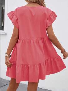 Breezaya Women Summer Solid Color Round Neck Loose Babydoll Dress With Ruffle Trim Vacation Beach Outfit - Watermelon Pink - View 2