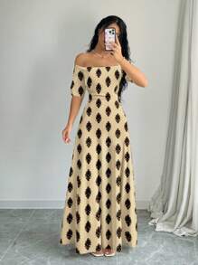 Elenzga 印花露肩蝴蝶结腰带A字长裙女装 - 卡其色 - 查看 5