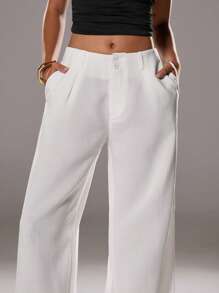 TRNVIE 女士夏季休闲高腰褶皱亚麻质感宽松裤，通勤、度假皆宜 - 白色 - 查看 4