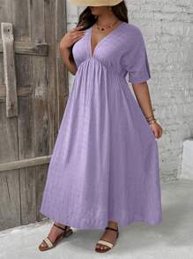 SHEIN VCAY Robe décontractée à manches courtes en chauve-souris à encolure en V unie pour femmes de grande taille - Parme - Voir 4