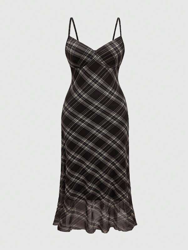 ROMWE Fairycore Fairycore Women Plus Size Sleeveless Plaid Casual Shift Dress, Suitable For Everyday Wear
