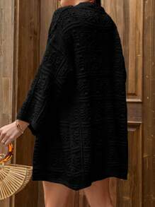 RueChic Women Kimona With Open Knit Fringes, - Black - View 2