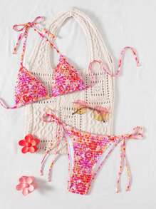 Swim Mod 2pcs/Set New Summer Random Print Halter Neck Sexy & Elegant Swimsuit Set, Bikini Suit For Beach, Pool, Party - Multicolor - View 3