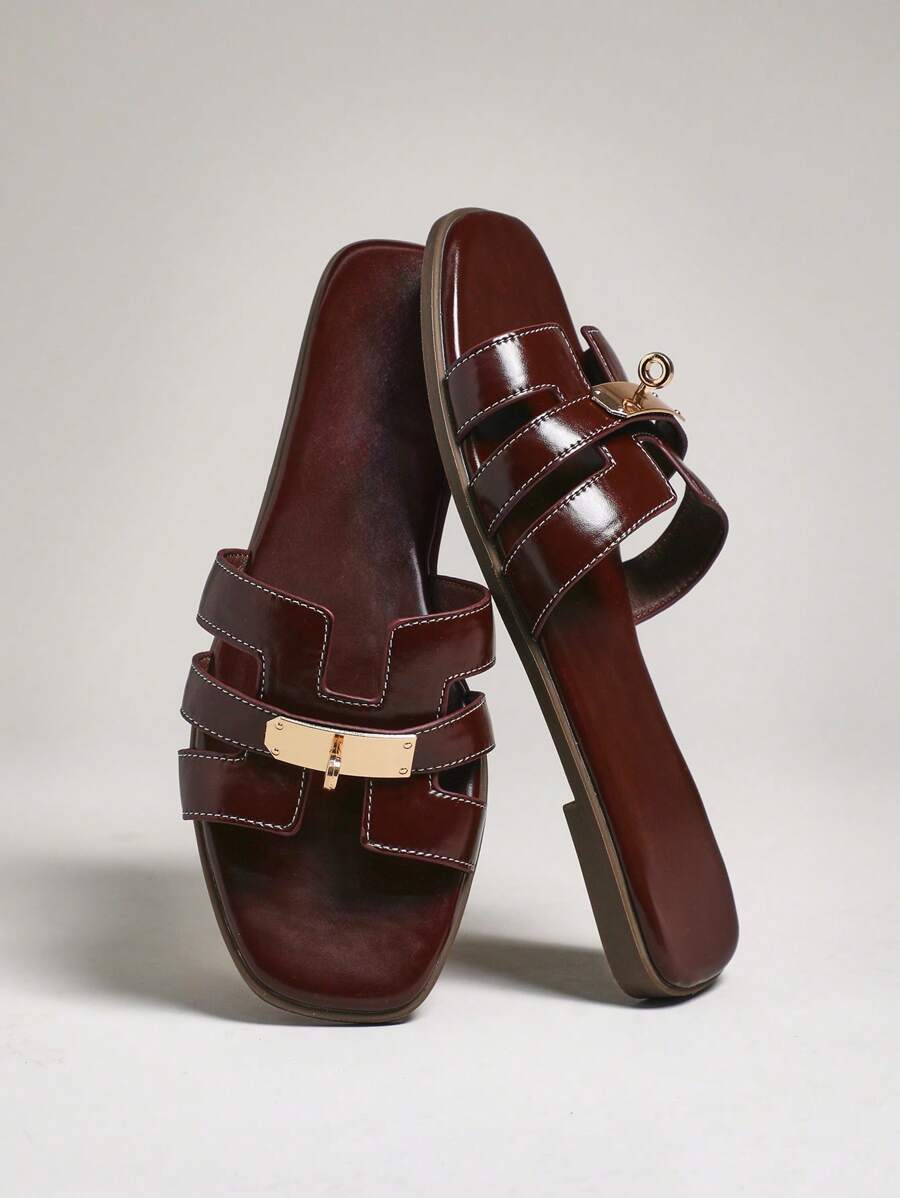 SHUZIA Luxe Essentials Women's Gold Lock Stitching Detail Square Toe Flat Glossy Pu Coffee Slide Sandals-Sophisticated, Elegant & Stylish Valentine's Day - Coffee Brown - View 1