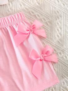 SHEIN 2件組女嬰粉色夏季可愛2歲生日服裝，圓領短袖蝴蝶結裝飾短版上衣與鬆緊腰短褲套裝，時尚海灘禮物 - 粉色 - 查看 7