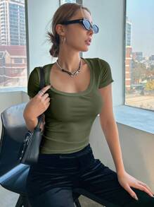 DAZY Camiseta de manga corta de mujer de cuello redondo sencilla, informal y suelta, de unicolor y acanalada - Verde militar - Ver 5