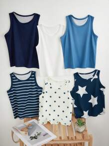 6件套男童基础款星条印花棉质汗衫，简约纯色，穿着舒适。简约设计，易于搭配，针织面料弹力透气，可机洗，穿着舒适，易于护理（6件套出售）