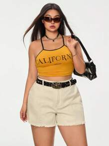 SHEIN EZwear 大码女式磨边休闲纯色高腰宽松牛仔短裤，夏季 - 杏色 - 查看 5
