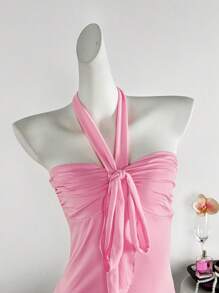 粉色女童露背褶皱修身夏季度假背心，海边野餐，蝴蝶结，吊带，粉色夏季上衣 - 粉色 - 查看 8