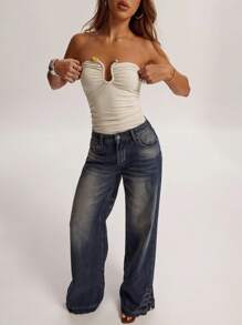 SHEIN BAE Women's Solid Color Pleated Fashionable Bandeau Bodysuit - Apricot - View 1