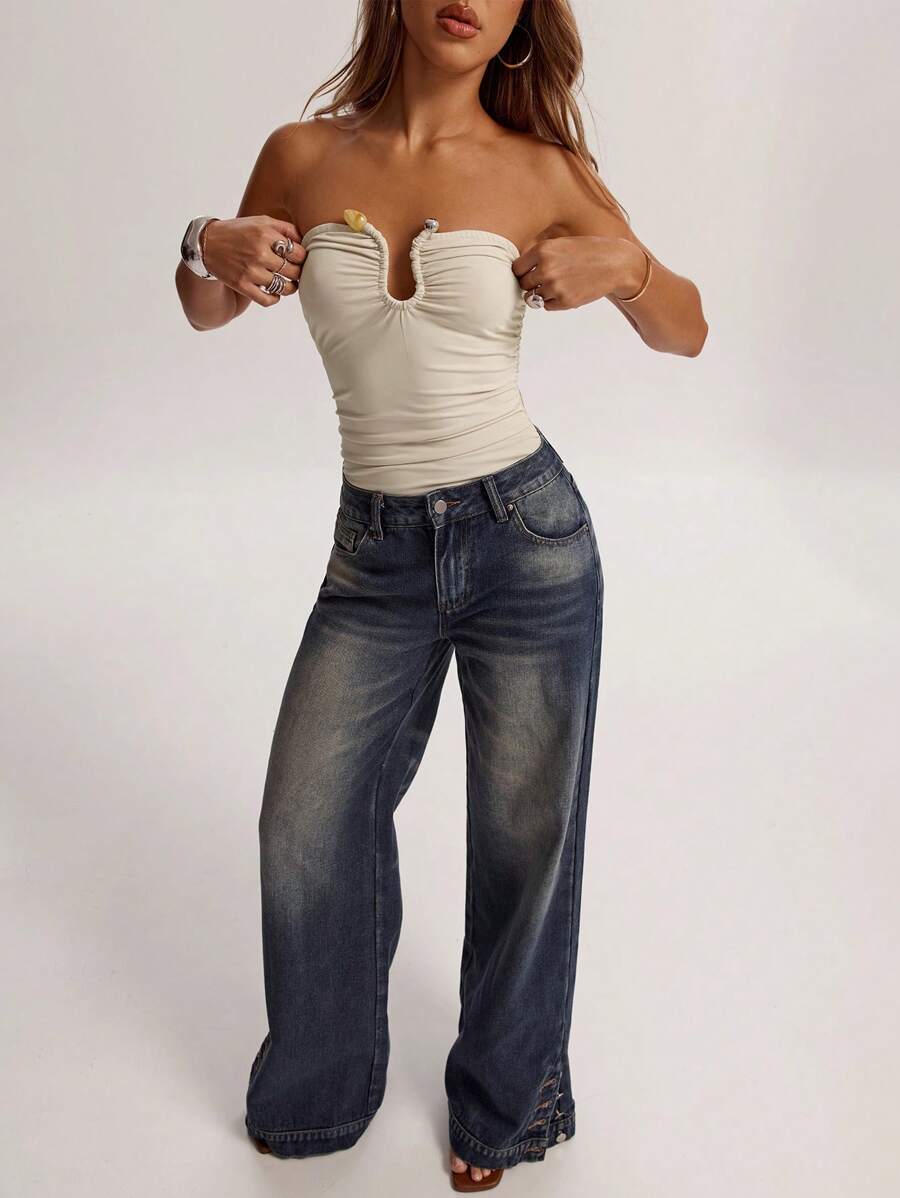 SHEIN BAE Women's Solid Color Pleated Fashionable Bandeau Bodysuit - Apricot - View 1