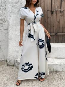 DAZY Women's Summer Tie-Dye Print Surplice Neck Belted Wide Leg Jumpsuit For Women Lounge Sets For Women - White - View 8