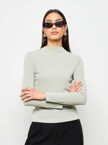 AiiRZ 罗纹立领长袖修身上衣 必备基础款分层单品 秋冬春简约衣橱必备专业办公室服装 - 綠色 - 查看 1