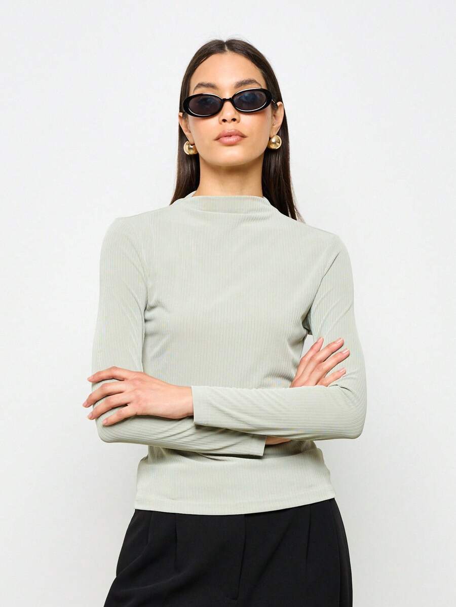 AiiRZ 罗纹立领长袖修身上衣 必备基础款分层单品 秋冬春简约衣橱必备专业办公室服装 - 綠色 - 查看 1