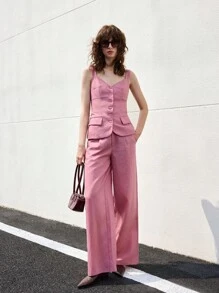 Ontre 2025 Women's Summer Linen Trousers, Pink Minimalist Fashion Suit Pants, Suitable For Commuting, Vacation, Comfortable And Refreshing Summer, Beach Resort, Music Festival, Teacher Wear - Pink - View 9