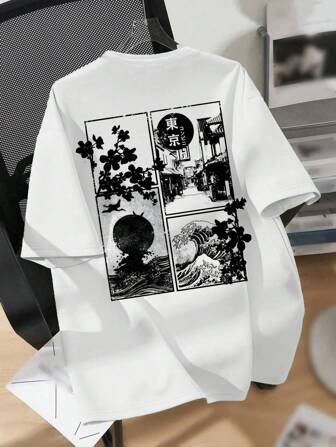 SHEIN Teen Boys' Casual Cartoon Graphic Short Sleeve T-Shirt, Suitable For Summer