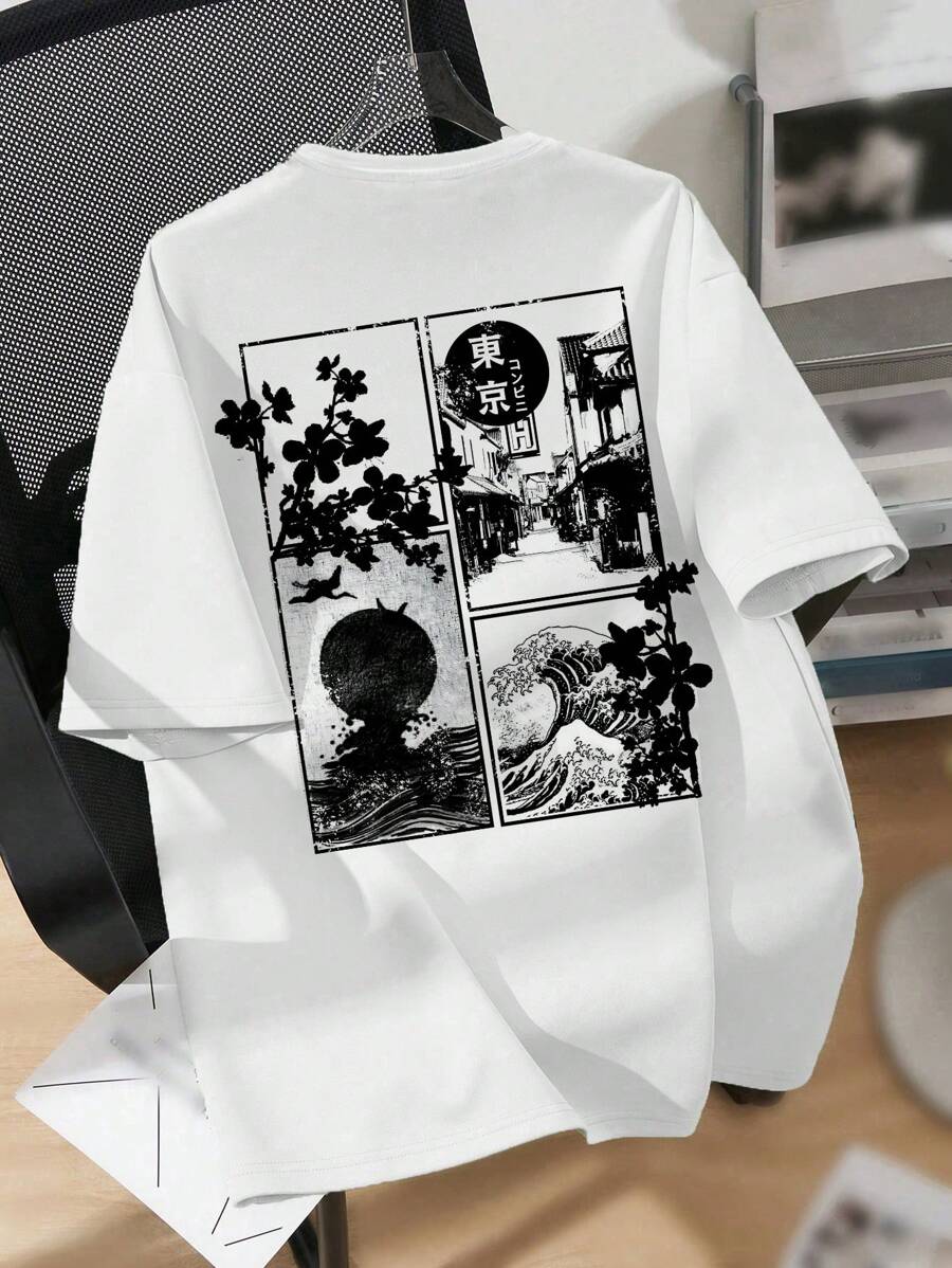 SHEIN 青少年男孩休闲卡通图案短袖T恤,适合夏季 - 白色 - 查看 1