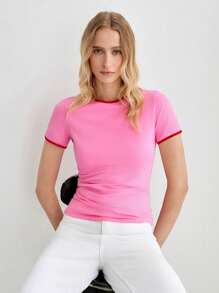 Lumivelle Camiseta casual deportiva de cuello redondo y manga corta con ribete de contraste para mujeres