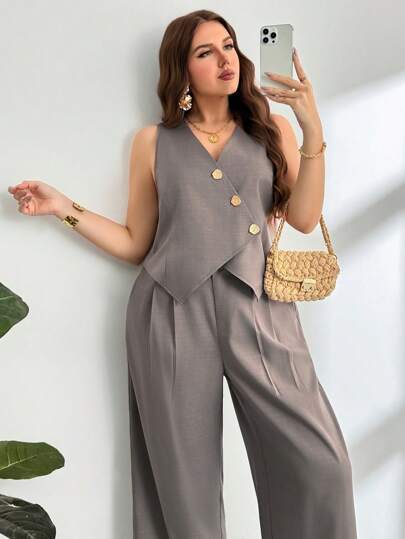 Firerie مجموعة قطعتين من الأعلى المزود بأزرار معدنية والسراويل من المرأة بالمقاسات الكبيرة، أنيقة وجذابة رومانسية، للتنقل والإطلالة الصيفية الجذابة