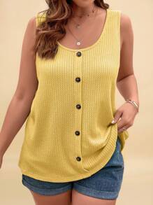 Travachic Plus Size Women Solid Color Single-Breasted Round Neck Casual Versatile Top - Yellow - View 4