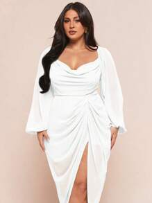 SHEIN BAE Plus Size Women's Elegant Party Date Sexy Glitter Sequins Draped Neck Ruched Asymmetrical Hem Slit Dress With Long Sleeve, Olive Green - White - View 6