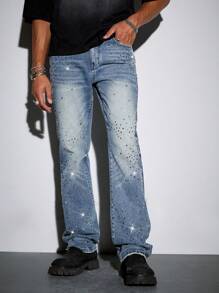 ROMWE MEN Street Life Men's Street Life Stacked Diamond Embellished Flared Jeans