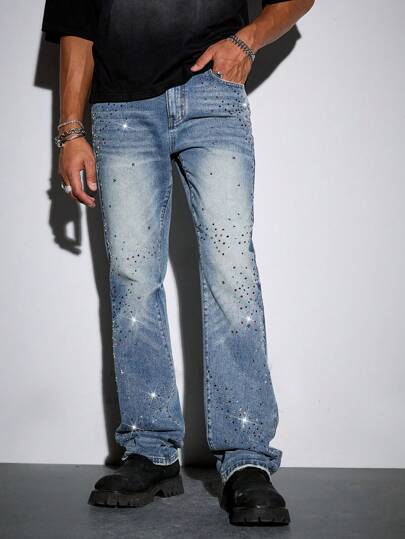 Men's Street Life Stacked Diamond Embellished Flared Denim Jeans, Rhinestone Jeans