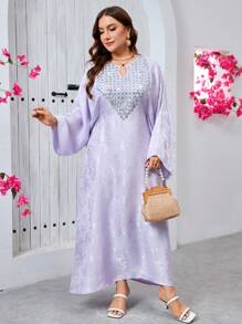 SHEIN Najma Elegant Luxurious Jacquard Fabric Contrast Pearl Embroidered Collar Loose Romantic Ladies Dress - Mauve Purple - View 4