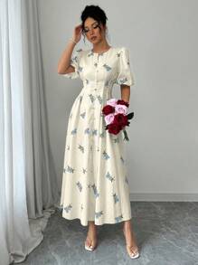 Modelyn 春夏款A字收腰印花短袖连衣裙 - 藍色 - 查看 5