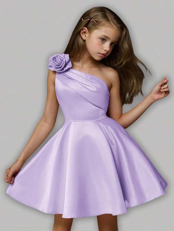 Girlism Vestido de baile curto elegante e luxuoso com babados e um ombro floral 3D para meninas pré-adolescentes