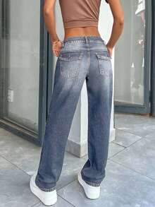 SHEIN PETITE Jeans da donna a vita bassa, taglio slim dritto, con dettagli di tasche, lavaggio vintage, stile Y2K, taglia petite