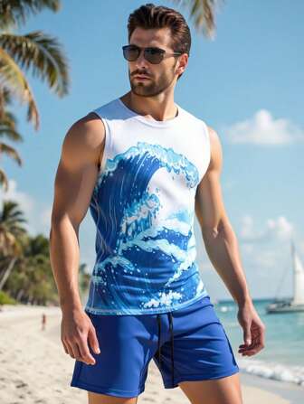 Manfinity VDAYZ Mouwloos vest en shorts voor heren, zonbeschermende badkledingset, modieus voor de zomer