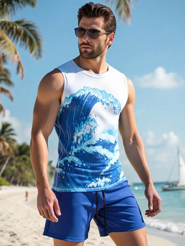 Manfinity VDAYZ Men's Sleeveless Vest And Shorts Sun-Protective Swimwear Set, Fashionable For Summer Men Tank Tops Beach Beach Wear For Men Mens Sleeveless Beach Shirt