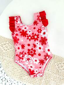 SHEIN Traje de baño una pieza con flores digitales estampadas en poliéster para niñas bebés con broche en la entrepierna - Multicolor - Ver 5