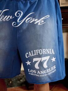 Manfinity VCAY Men's Summer Casual Numeric & Letter Print Drawstring Waist Slant Pocket Loose Shorts, School - Blue - View 6